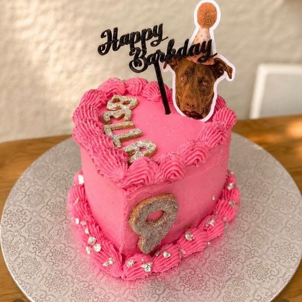 A pink heart-shaped birthday cake for Bella with a happy birthday topper