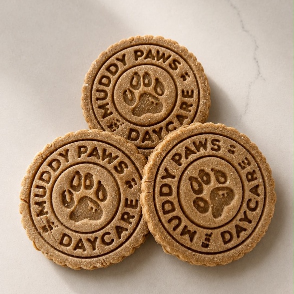 Round dog biscuits stamped with a daycare's logo