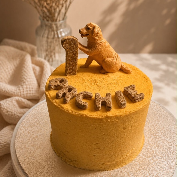 A yellow birthday cake for Archie, with a golden retriever figure on top