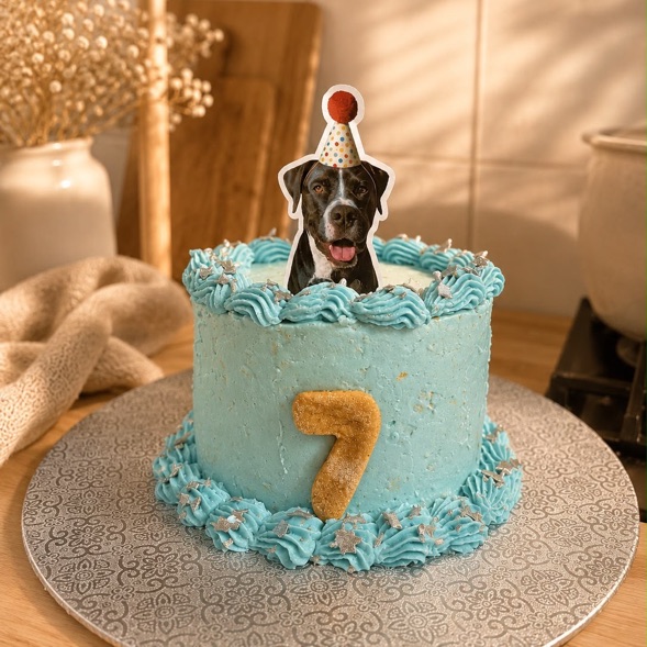 A large classic round birthday cake in blue with a photo of the dog in a party hat