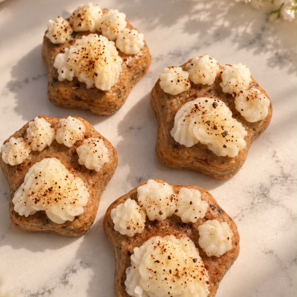 Paw-shaped dog biscuits topped with swirls of cream icing