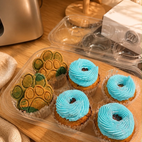 A snack box with paw biscuits and blue iced doggy donuts