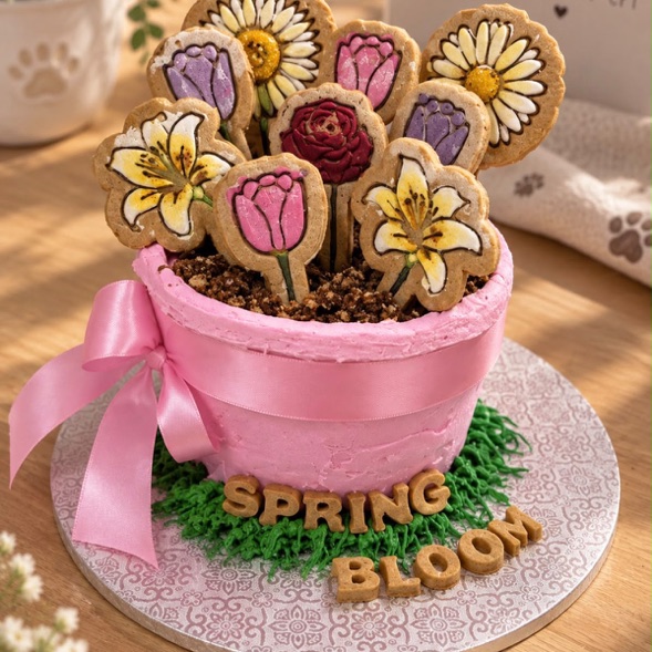 An extra-large custom birthday cake: a pink flower pot with hand-iced biscuit flowers and Spring Bloom on the front
